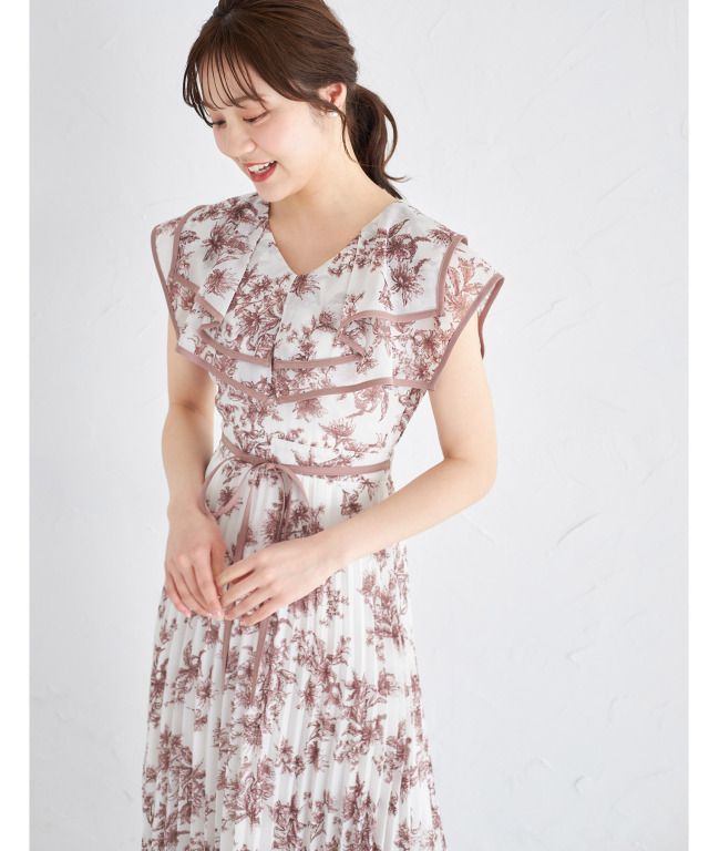 ウエストリボン付きフラワー&ドットアソートプリントビックカラー