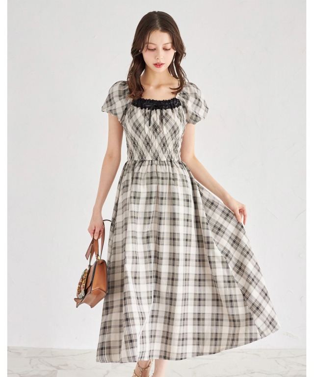 レース＆リボン装飾チェック柄ウエストシャーリングワンピース