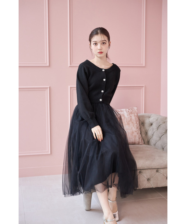 フラワー釦ショート丈ニットカーディガン×チュールフレアスカートSET