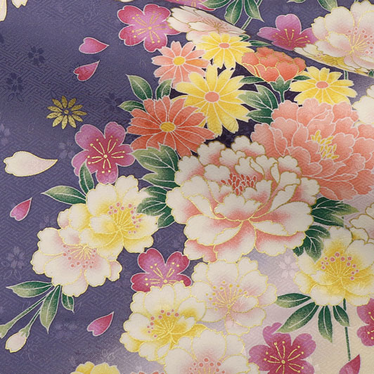 金彩友禅販売 八重桜に牡丹菊花（藤）柄の和柄生地通販なら都香庵