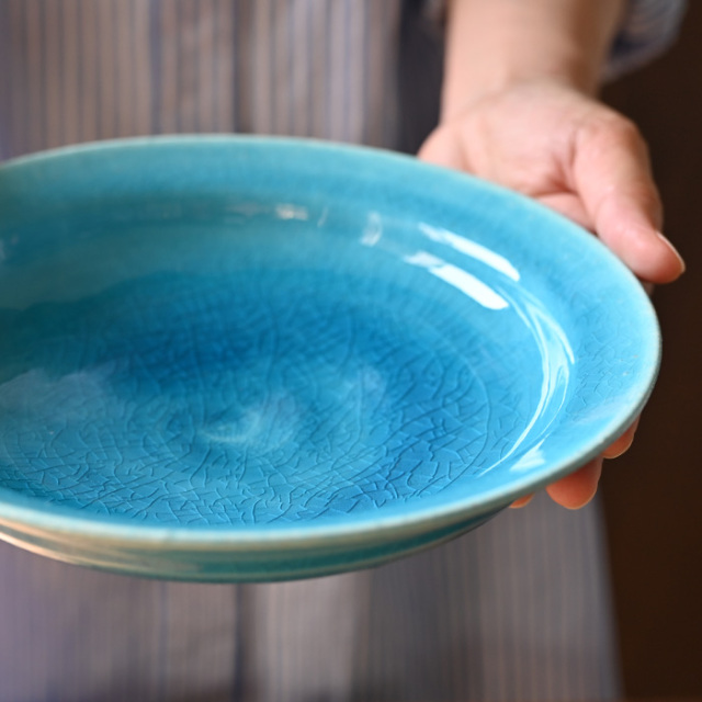 送料無料 ｜和食器 中皿 トルコブルー七寸深皿-21cm-（KIA-111） 作家