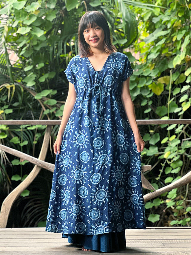 asana HEMP100% インディゴ抜染プリント 縄文ワンピース【パヤカ