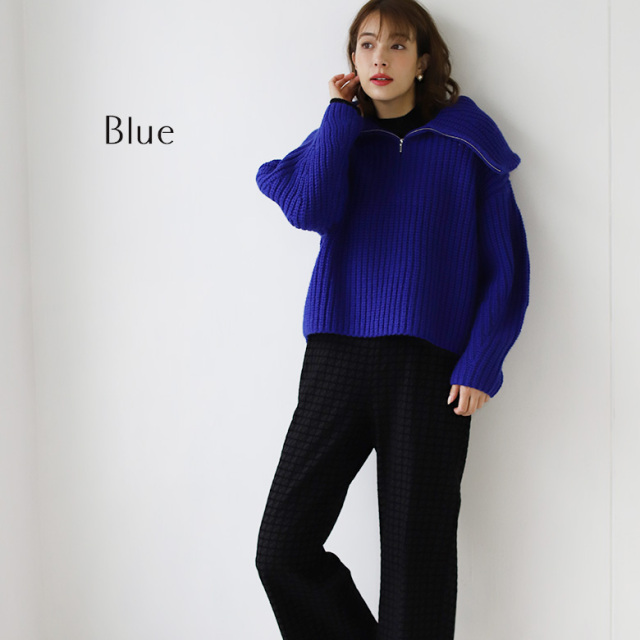 ハーフジップビッグカラーウール混ニット(998-16572)