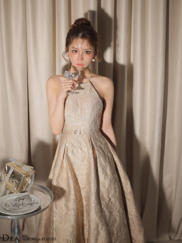 ラメジャガードハイネックフレアロングキャバドレス(DE4332)