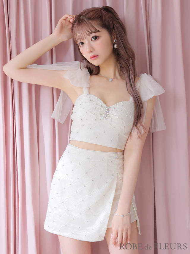 XSサイズあり】リボンチュール×ビジューセットアップキャバドレス(fm2774)