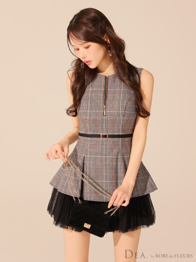 XS～Lサイズあり】チェックノースリーブベルトデザインチュールミニ