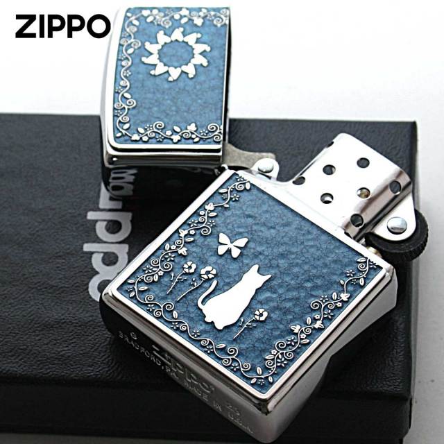 Zippo ジッポー ネコ 猫 Cat ブルー ＃200 メタルプレート 両面加工