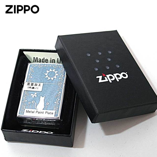 Zippo ジッポー ネコ 猫 Cat ブルー ＃200 メタルプレート 両面加工