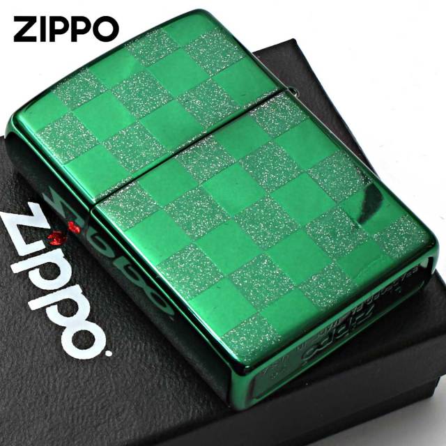 Zippo ジッポー チェック ラメ 幾何学模様 両面加工 グリーン ジオ