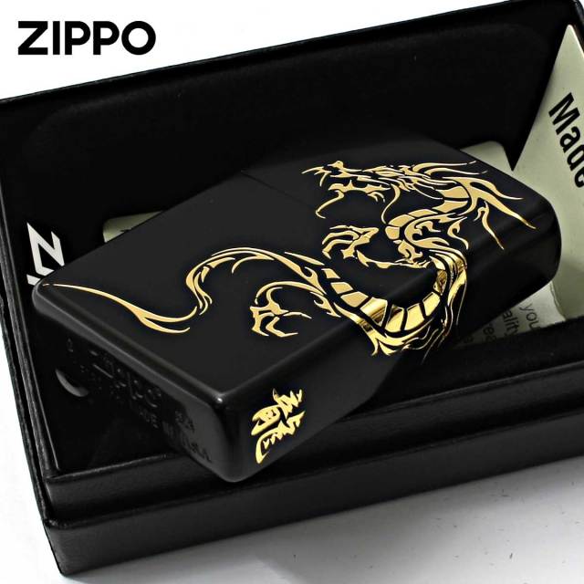 Zippo ジッポー 龍 ドラゴン 2面連続加工 ブラックマット 金サシ Tiger