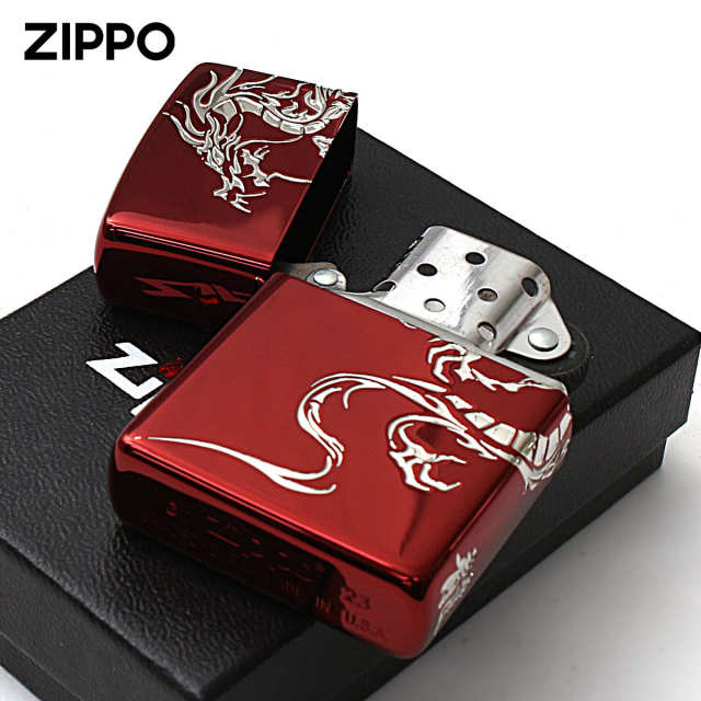 Zippo ジッポー 龍 ドラゴン 2面連続加工 レッドイオンコーティング 銀