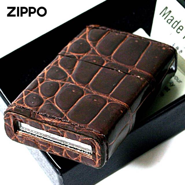 Zippo ジッポー 革巻き 本革 クロコダイル ワニ 茶 ブラウン｜Zippo