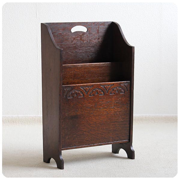 イギリス アンティーク マガジンラック オーク材 雑誌入れ 彫刻装飾