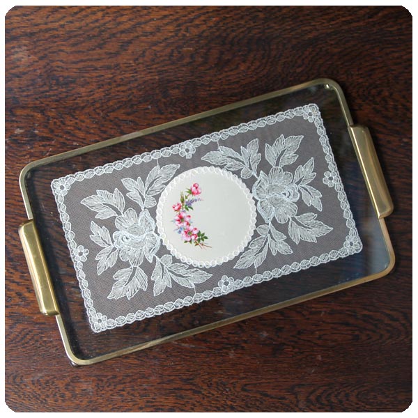イギリス アンティーク ドレッシングトレイ/ガラス/レース/花柄