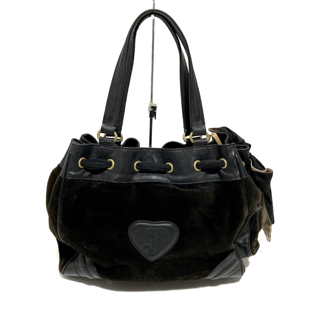 ジューシークチュール/トートバッグ/黒×アイボリー/ベロア×レザーの