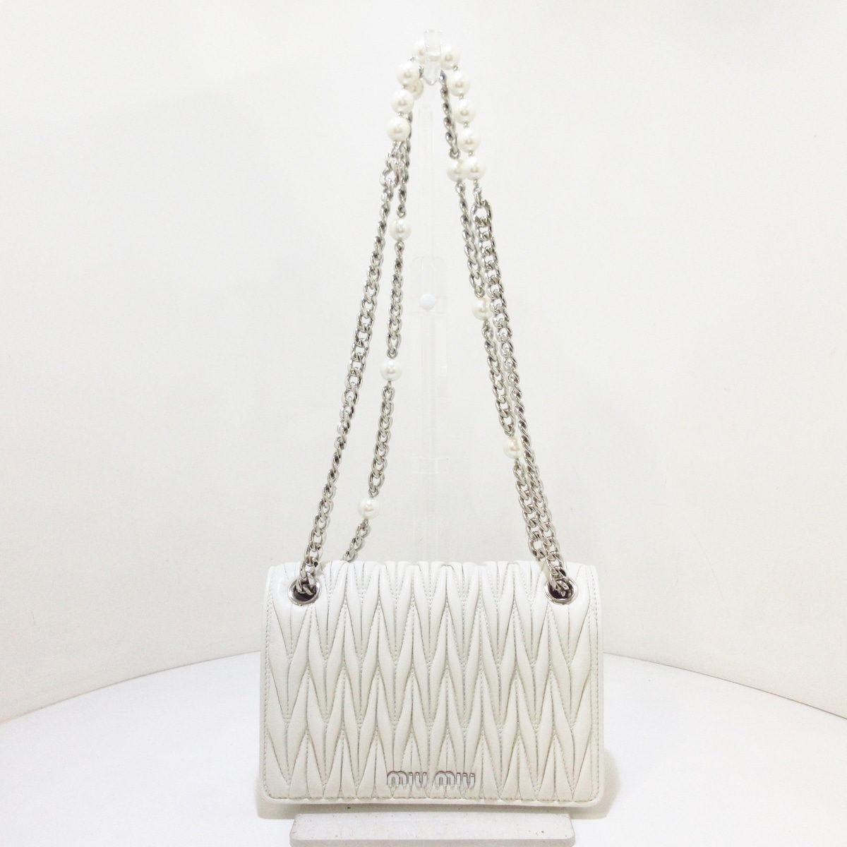 ミュウミュウ/ショルダーバッグ/ギャザーバッグ/白×シルバー/レザー