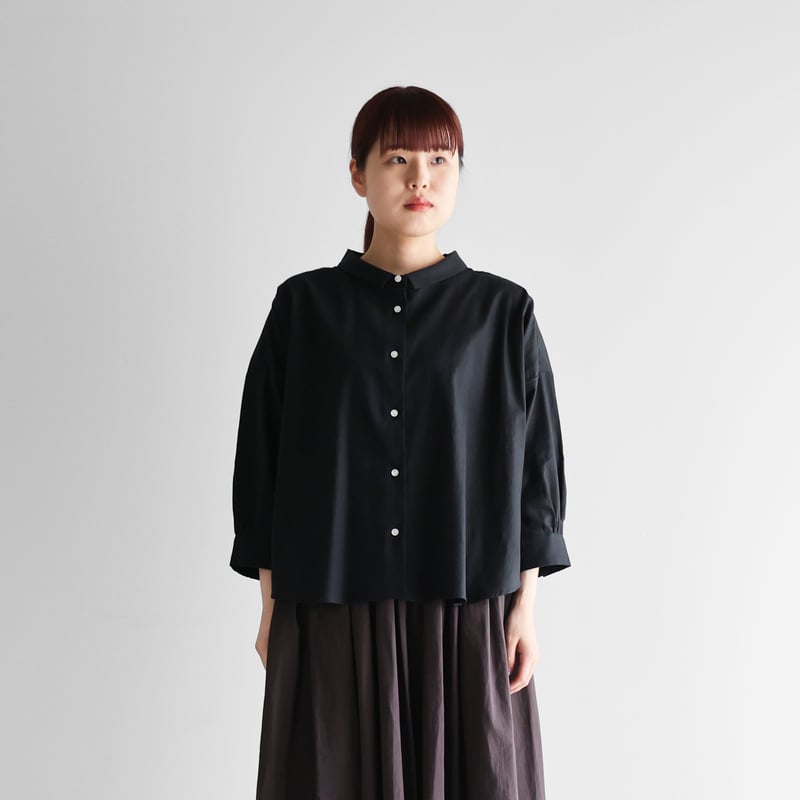 8分袖オーガニックコットンビエラワイドブラウス（ブラック