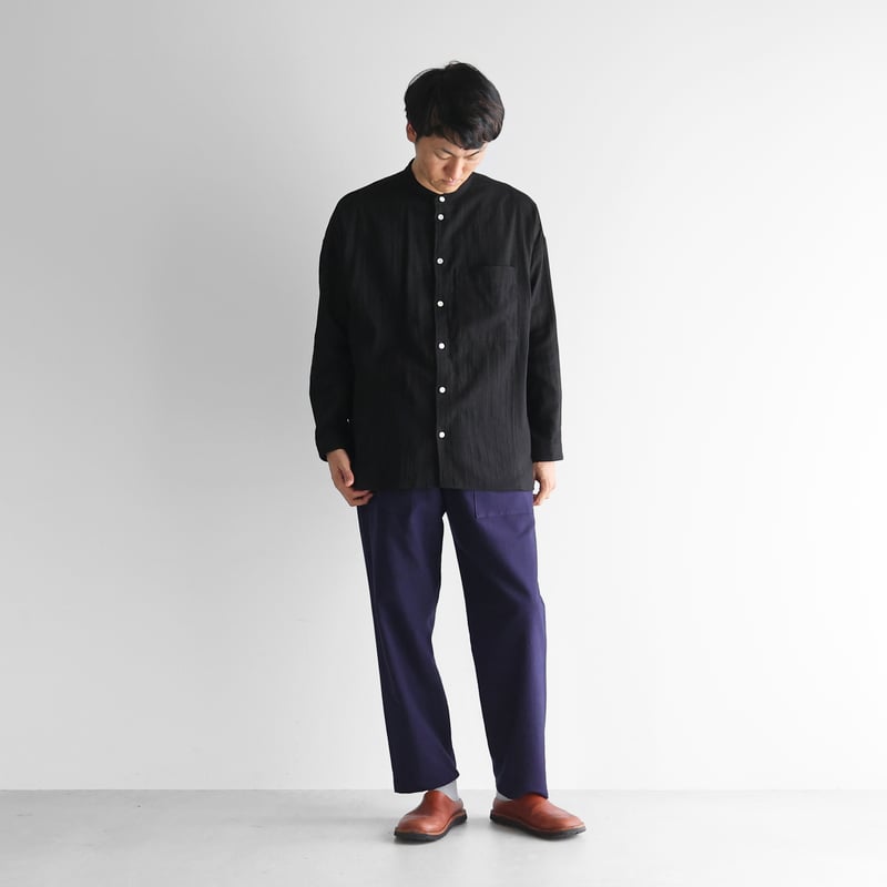 シャトルダブルガーゼバンドカラーオーバーシャツ（ブラック）【ユニ