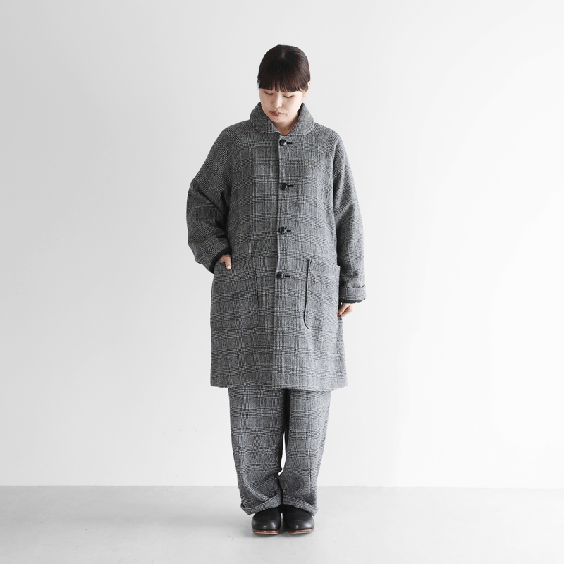 HUIS×尾州”縮絨ウールミドルコート （グレンチェック）【ユニセックス