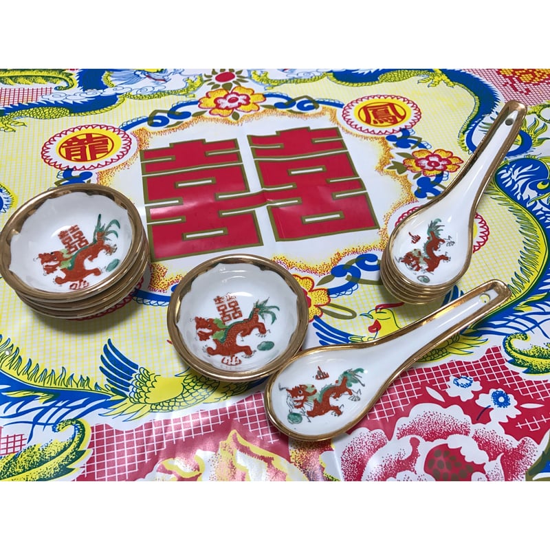 🉐【香港☆中國景徳鎮】「龍」3点セット / 碗・小皿・レンゲ