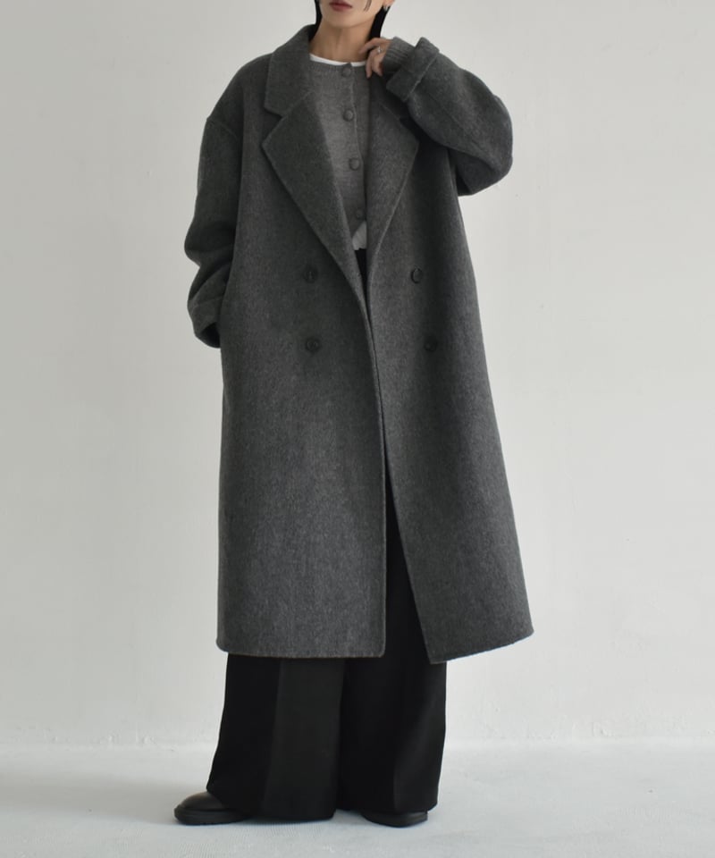 coat-02054 シャギー ウールコート リバー仕立て グレー ブラック | L
