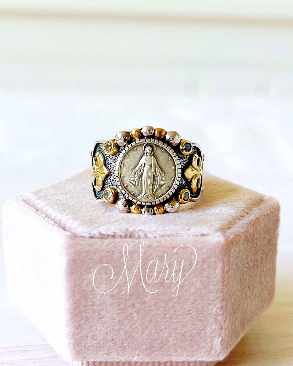 Mary&ダイヤモンド&アクアマリン シルバー&18KYGリング（Sacred Heart