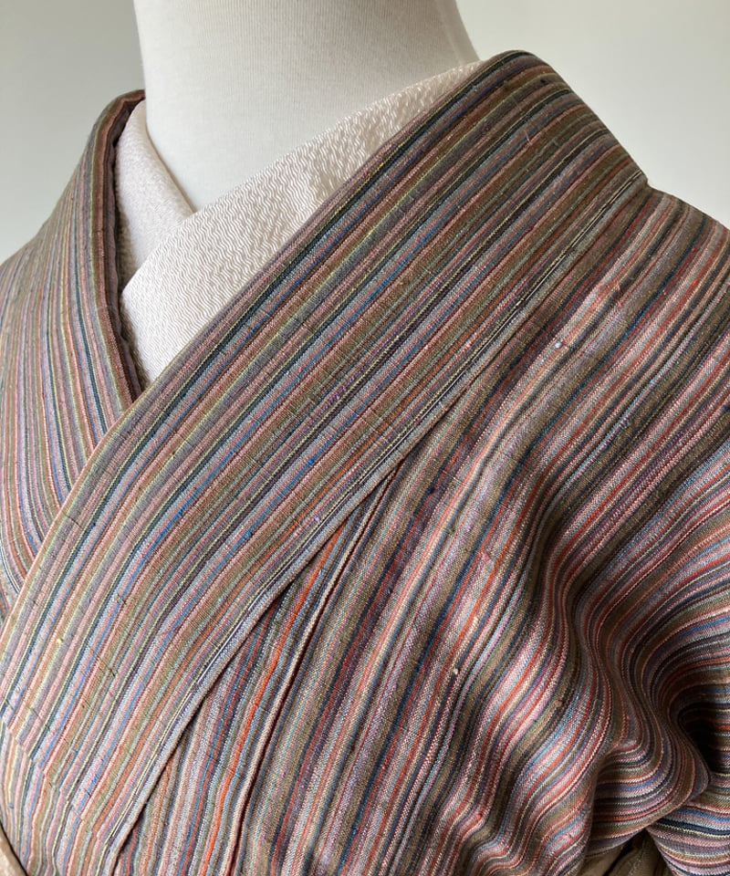 結城紬 茶系×カラフル縞模様 袷 正絹 証紙なし［K187］ | kimono ulala