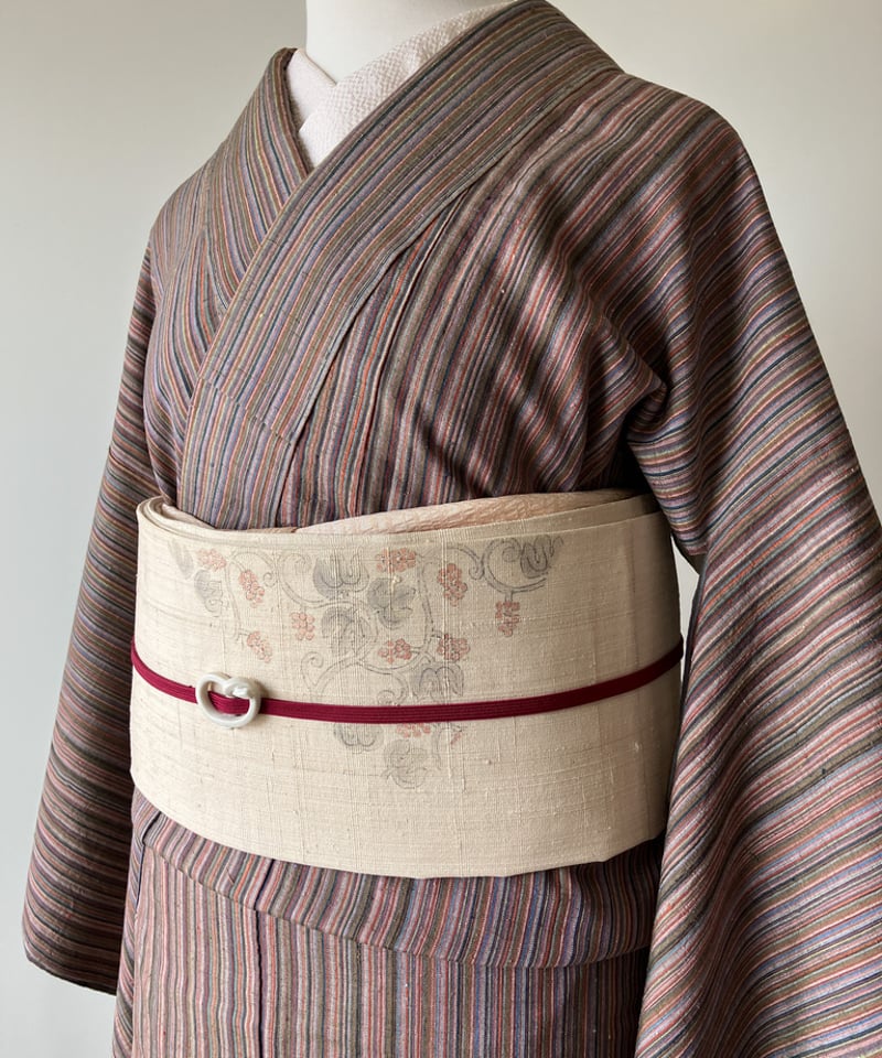 結城紬 茶系×カラフル縞模様 袷 正絹 証紙なし［K187］ | kimono ulala
