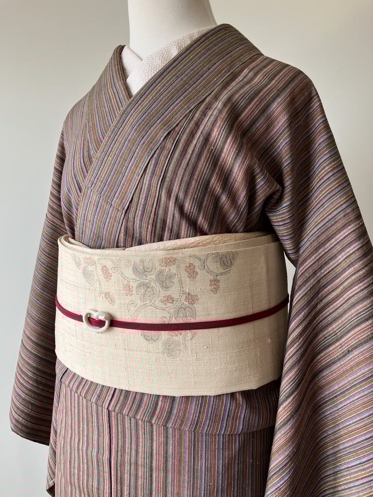 結城紬 茶系×カラフル縞模様 袷 正絹 証紙なし［K187］ | kimono ulala