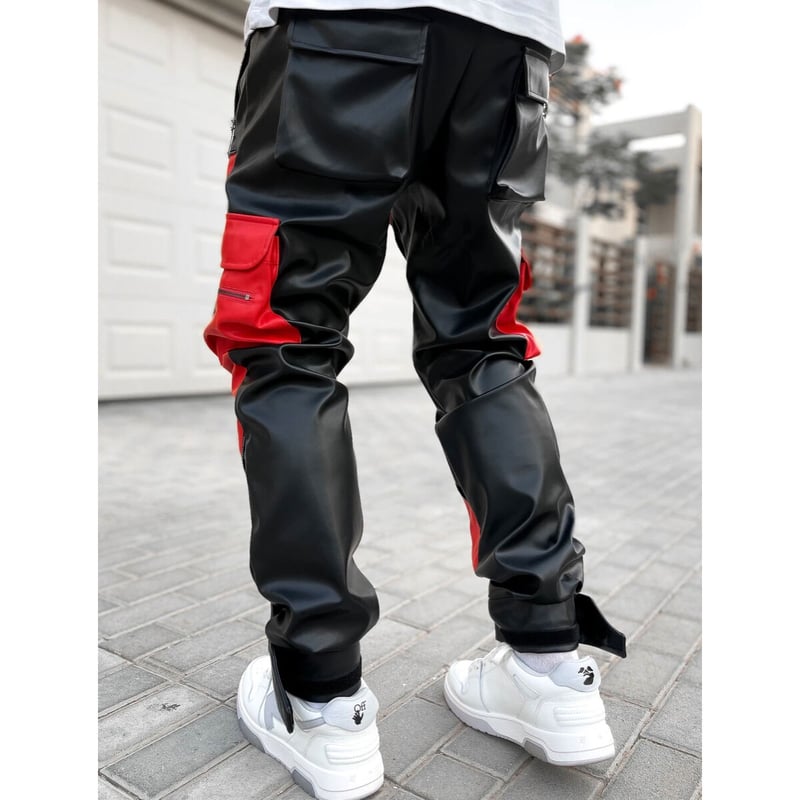 GUAPI/ Obsidian BLACK RED Leather Cargo pants V