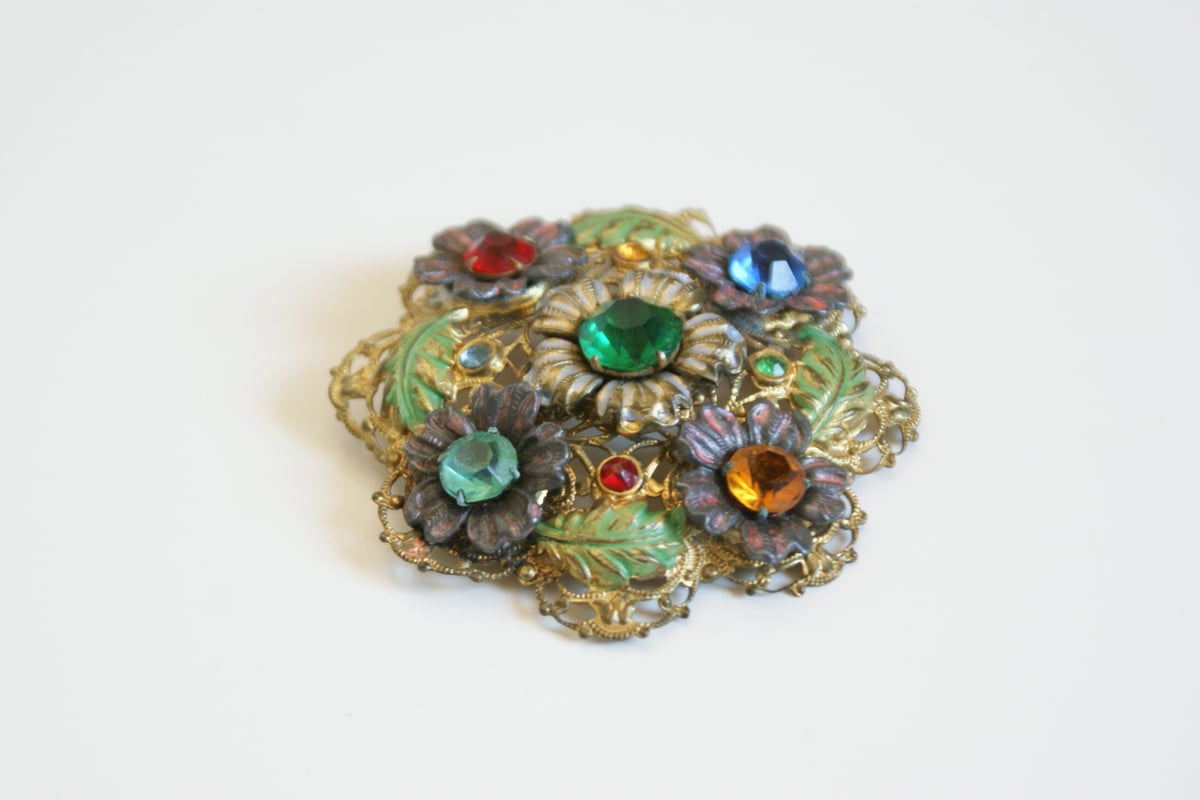 イギリス買付】チェコガラス ラインストーン フラワーエナメル