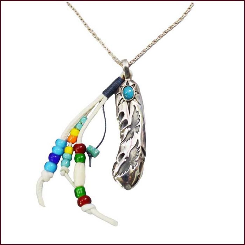 シルバーネックレス 羽 羽根 フェザー イーグル ターコイズ 鹿革紐