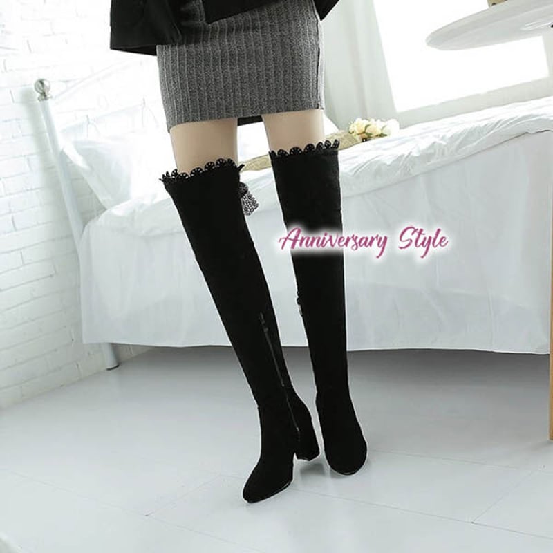 ニーハイブーツ 34-39 黒 茶 22-24.5cm レース リボン 編み上げ Rml107