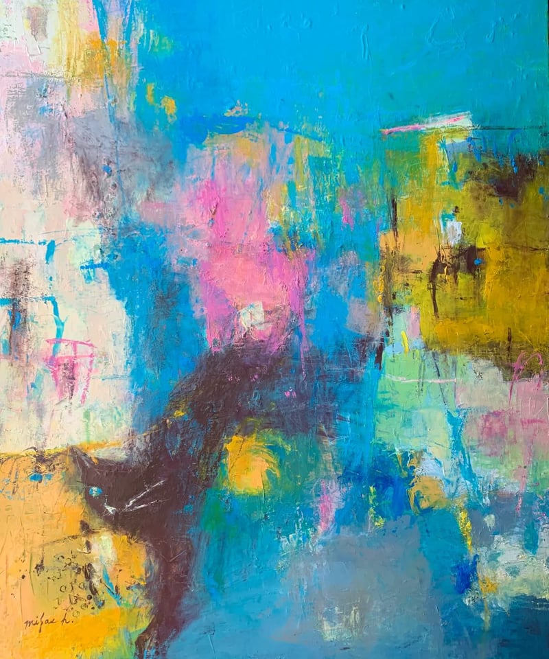 抽象画 街に棲む F30号 （額なし）油彩、オイルパステル、キャンバス