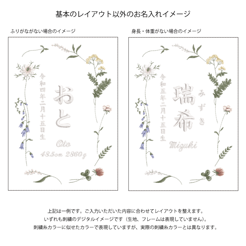 お七夜 刺繍 命名書 フレーム入り ニュアンスフラワー（リネンコットン