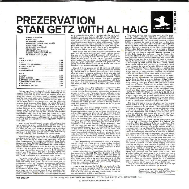 スタン・ゲッツ / Prezervation［※国内盤,品番:VIJ-5036］(LPレコード