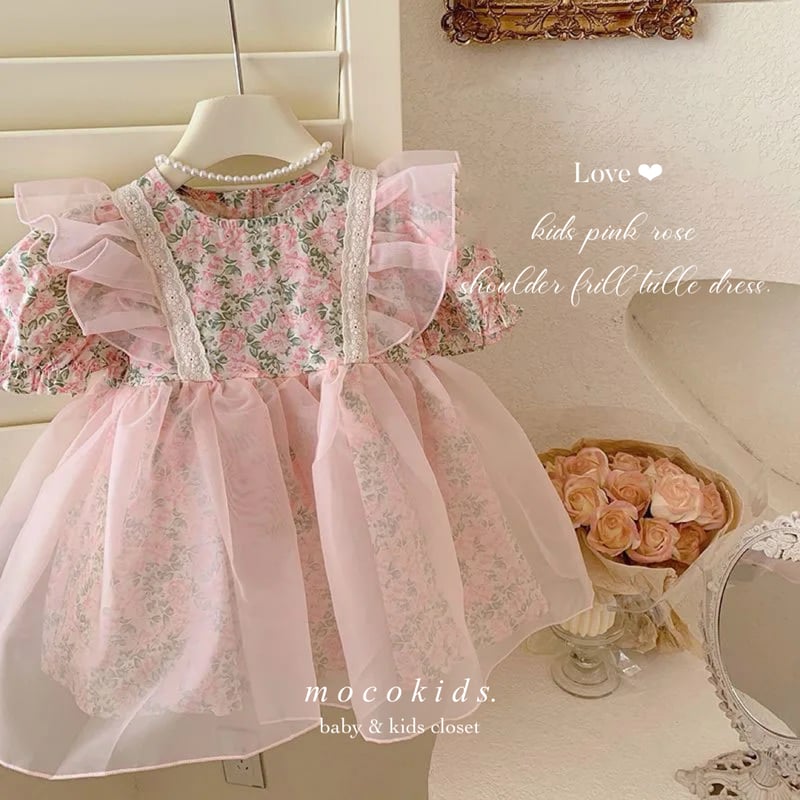 kids pinkローズショルダーフリルチュールワンピース(2776) | こども