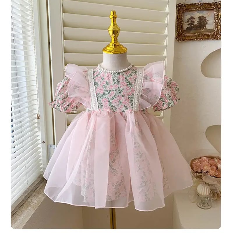 kids pinkローズショルダーフリルチュールワンピース(2776) | こども
