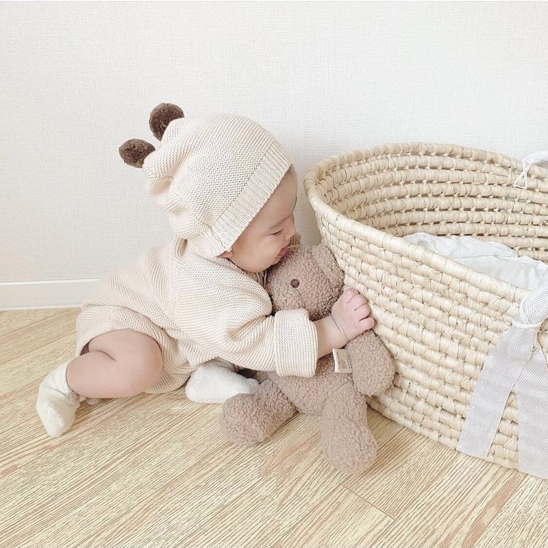 3color ポンポンくま耳ボンネットニットロンパース(1441) | こどもふく