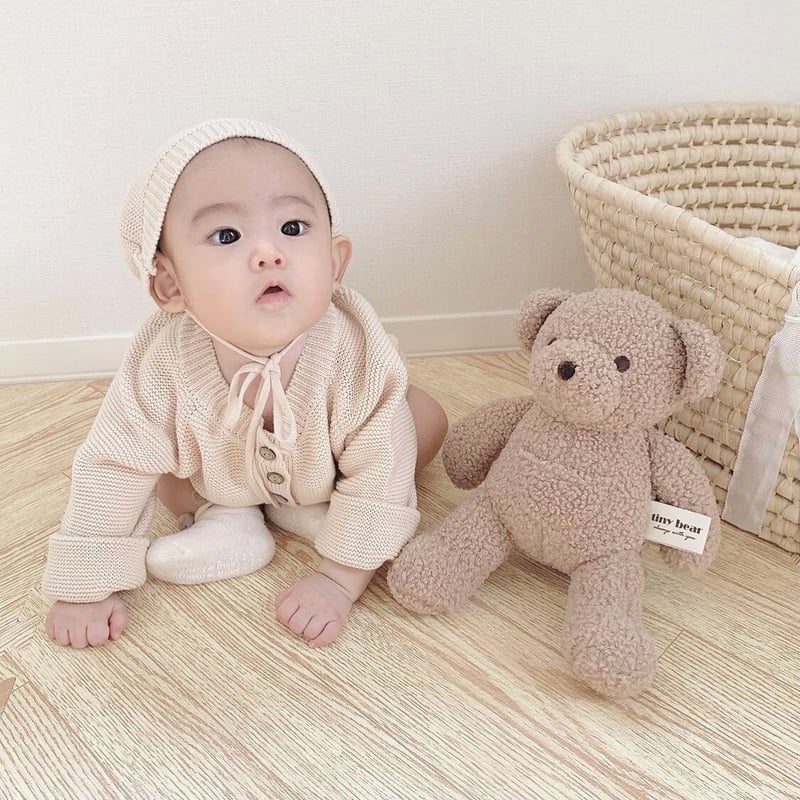 3color ポンポンくま耳ボンネットニットロンパース(1441) | こどもふく