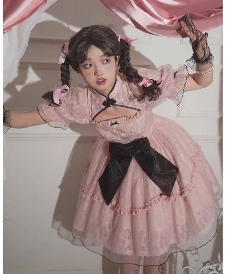 with PUJI / 中華風 ロリィタドレス 長安謡 半袖ワンピース ピンク XL