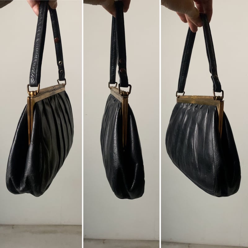 ヴィンテージ パーティバッグ ブラックレザー/真鍮がま口 ギャザー