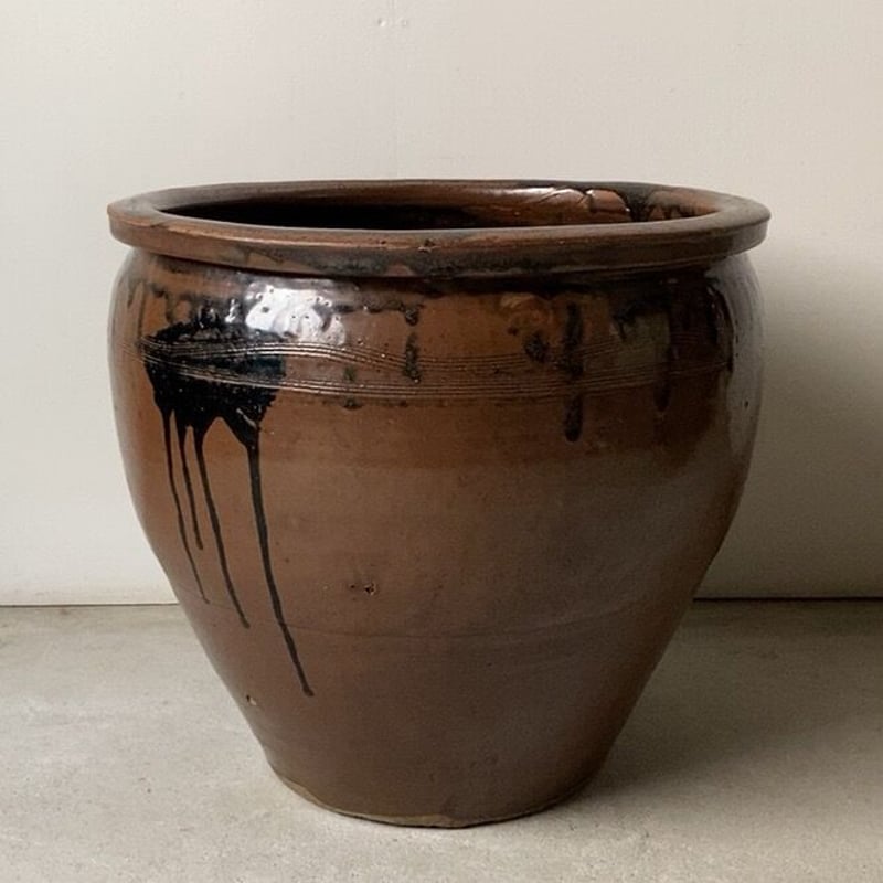 古い甕 幅39cm 民藝甕 古作 常滑 打掛釉と線彫りが絶妙のコントラスト