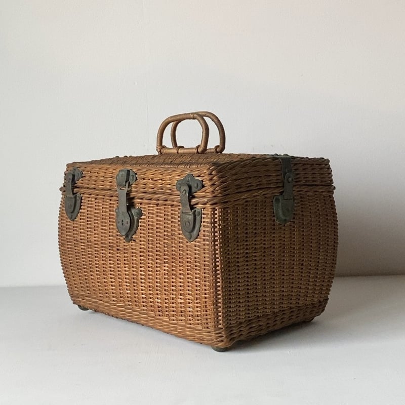 古い日本製バスケット ラタン製 5ロック金具 籐巻き持ち手 ジャパン