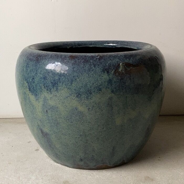 古い大火鉢 幅46cm 海鼠(なまこ)釉 瑠璃釉 深海色 メダカ鉢 睡蓮鉢