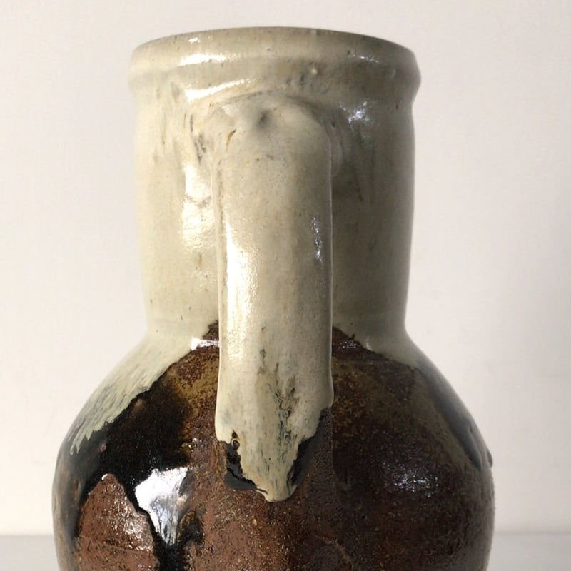 益子焼 村田元 柿黒釉 把手壺 木製箱付き 花器、ピッチャー 益子焼