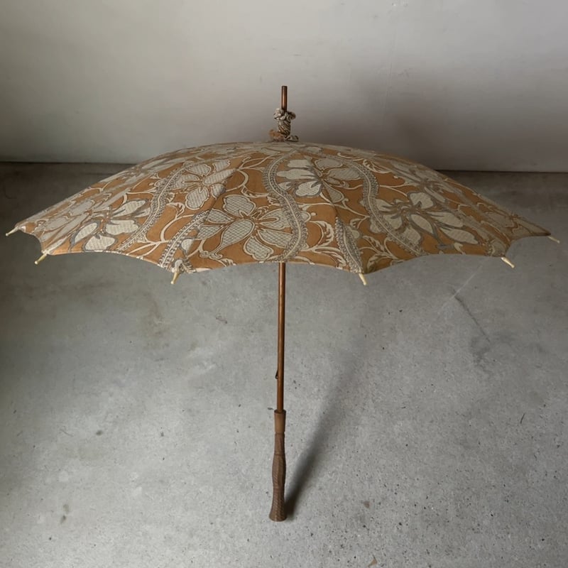 アンティーク日傘 型染 花柄 木彫りハンドル 竹ボタン 大正-昭和初期