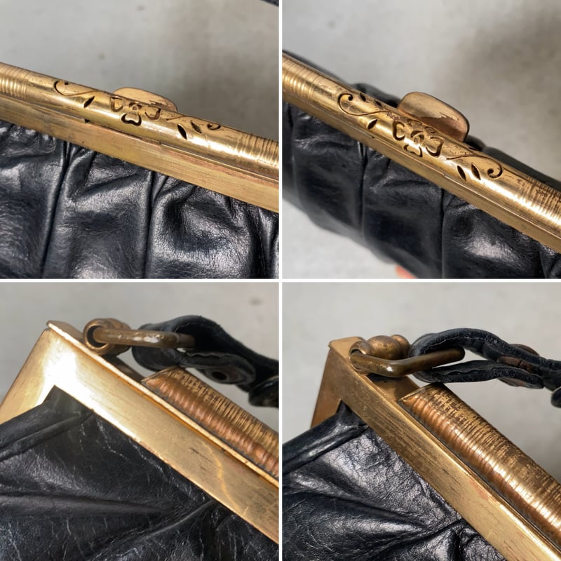 ヴィンテージ パーティバッグ ブラックレザー/真鍮がま口 ギャザー