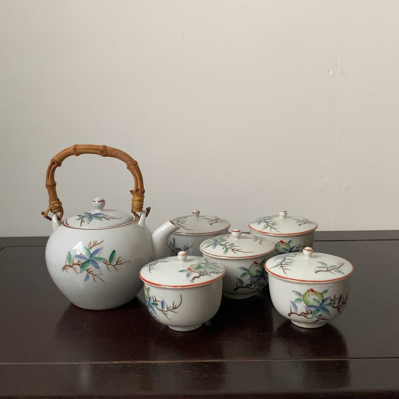 松風 古い茶器セット(急須+蓋茶碗5客) 桃柄 桃図 植物画 竹持ち手 湯呑