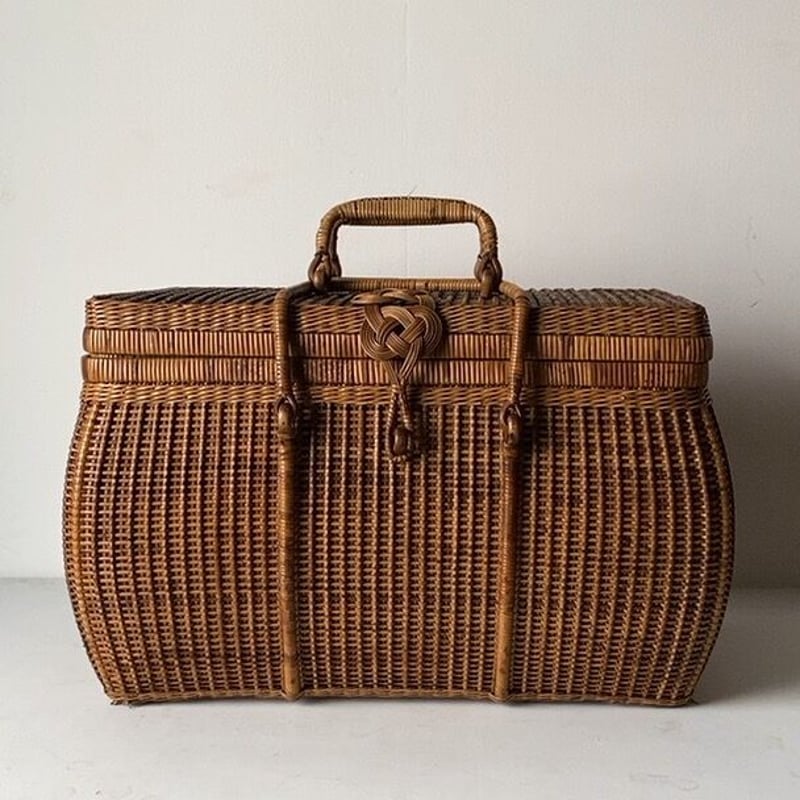 アンティーク茶籠 籐編みの蓋付きかご 46cm大きめ ヴィンテージラタン